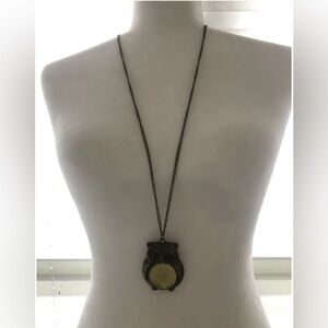 Vintage OWL PENDANT-Bronze Toned Necklace, Black Eyes, Golden Center, 34” Chain